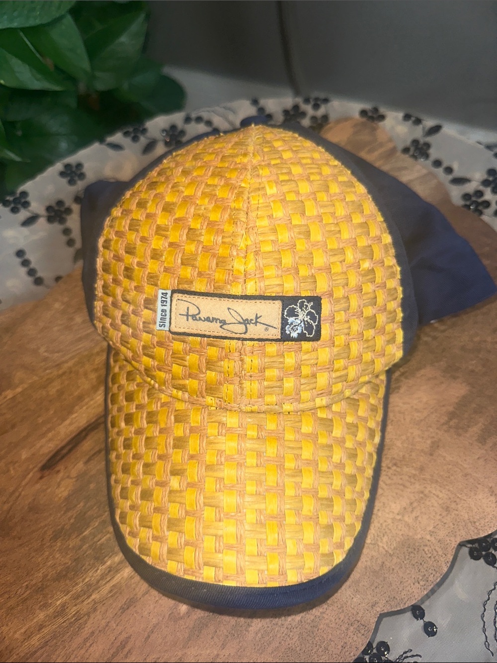 Panama Jack Yellow Woven Rattan Cap with Navy Panels and Patch